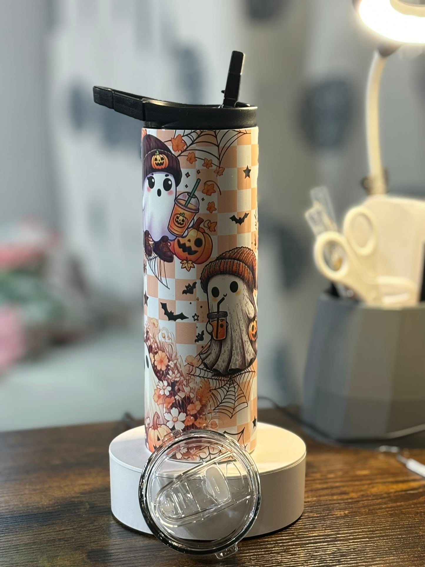 Fall/Halloween Ghost orange checkered 20 oz duo lid tumbler