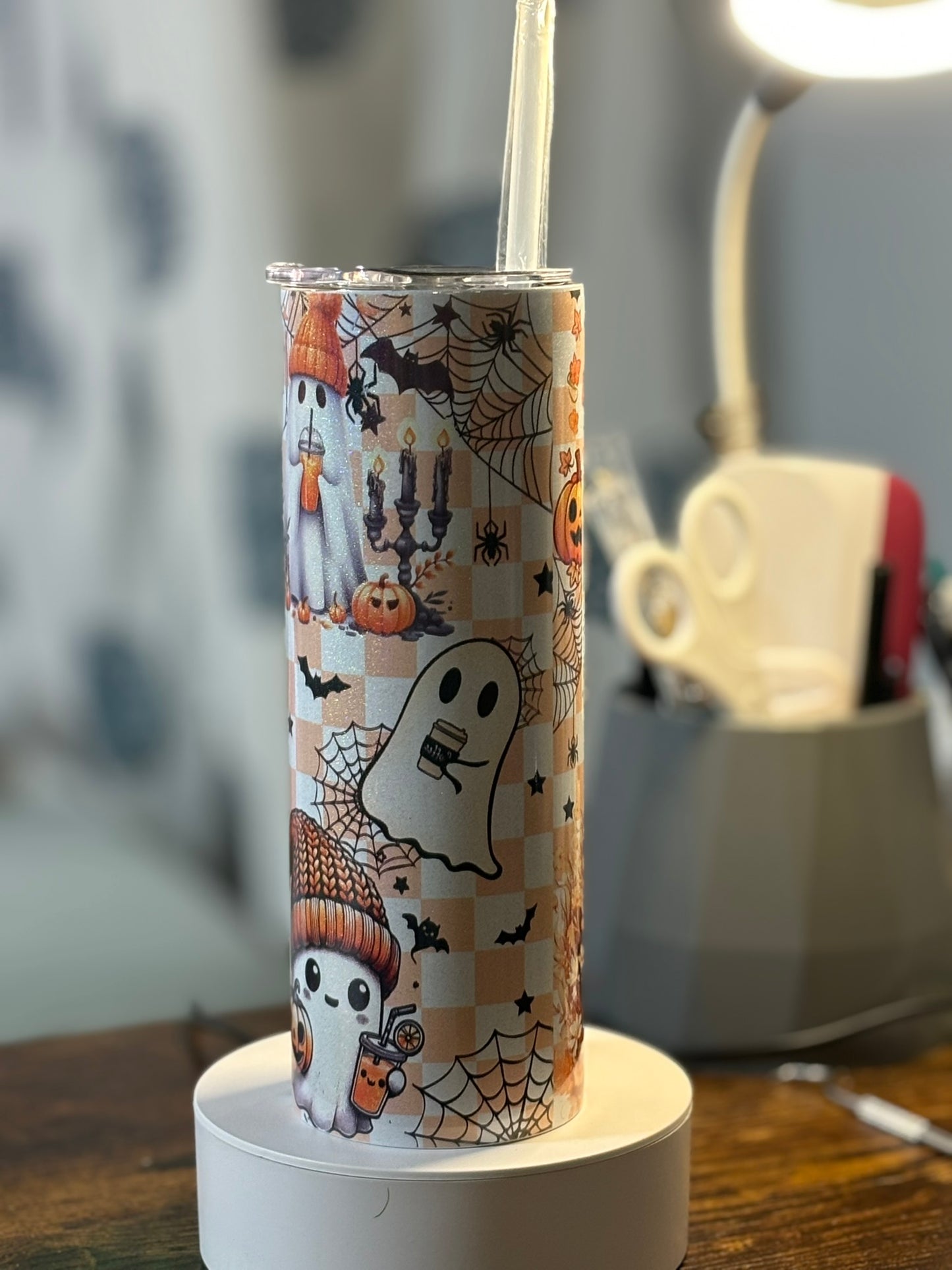 Holographic Orange Checkered Fall Halloween Ghosts 20 oz Tumbler