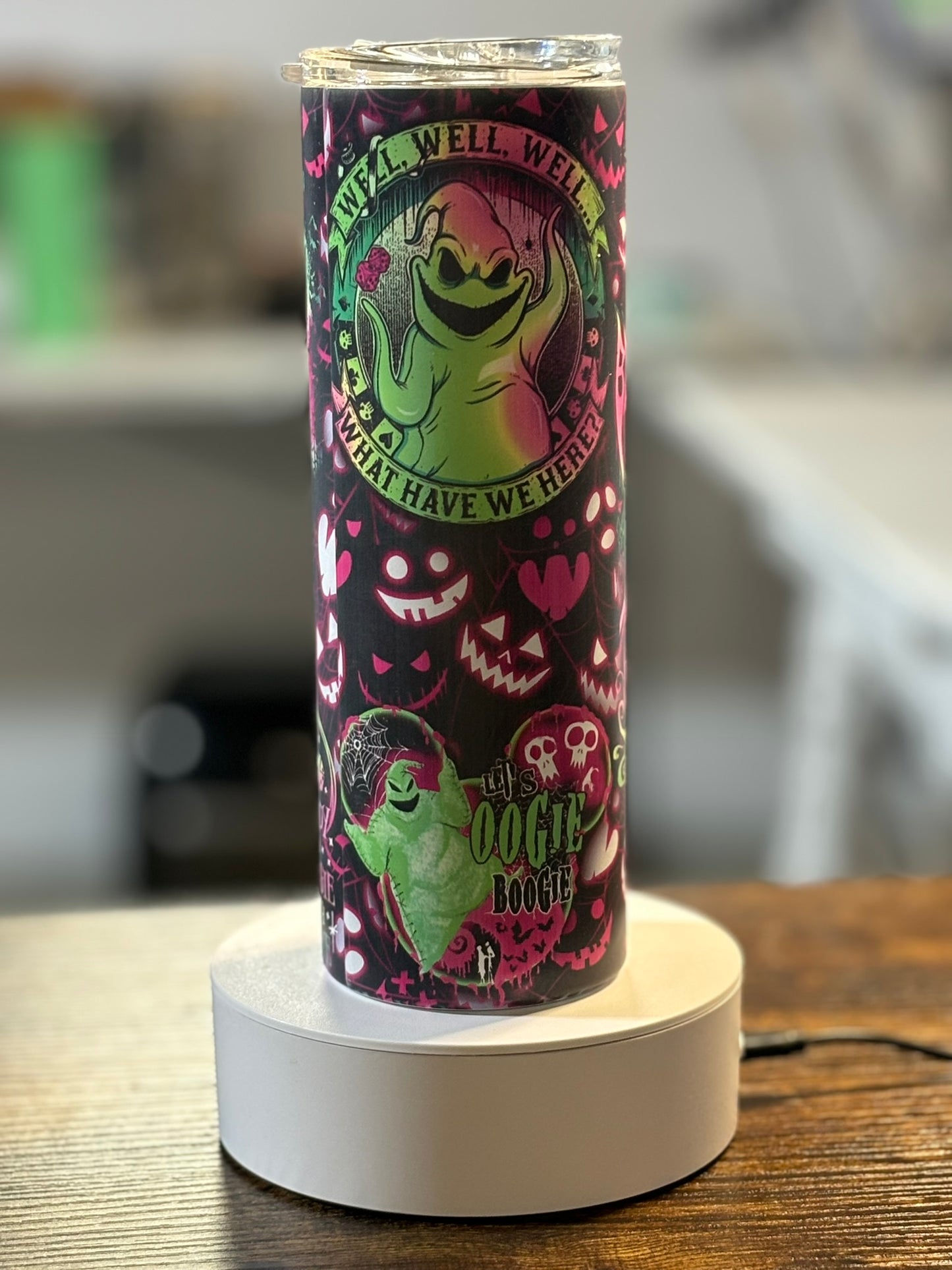 Boogieman Glow in the Dark 20 oz Tumbler  green purple and black