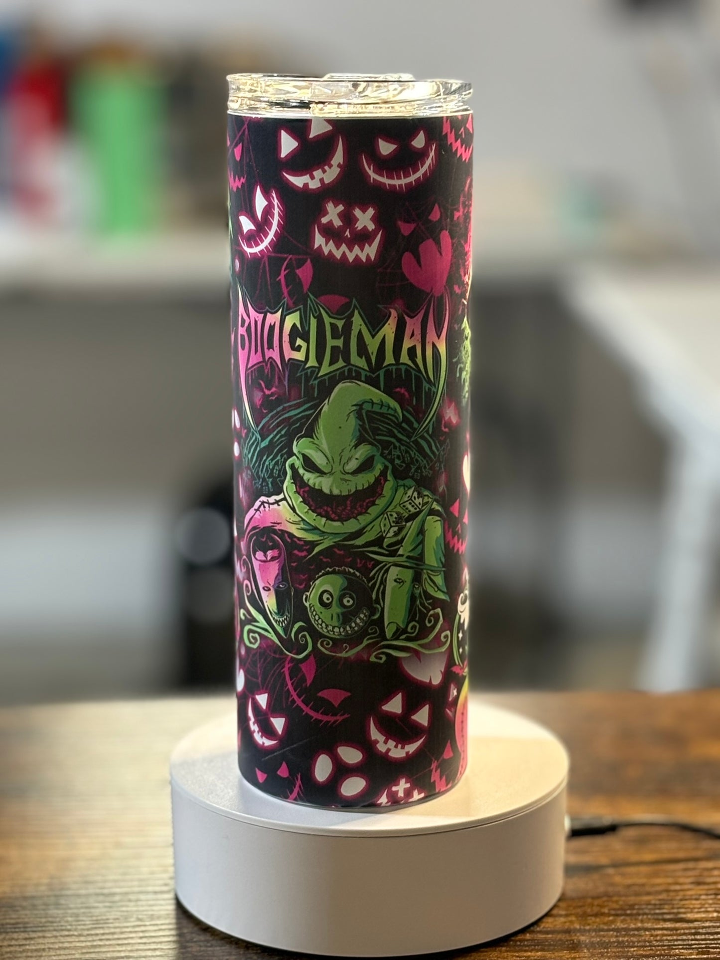 Boogieman Glow in the Dark 20 oz Tumbler  green purple and black
