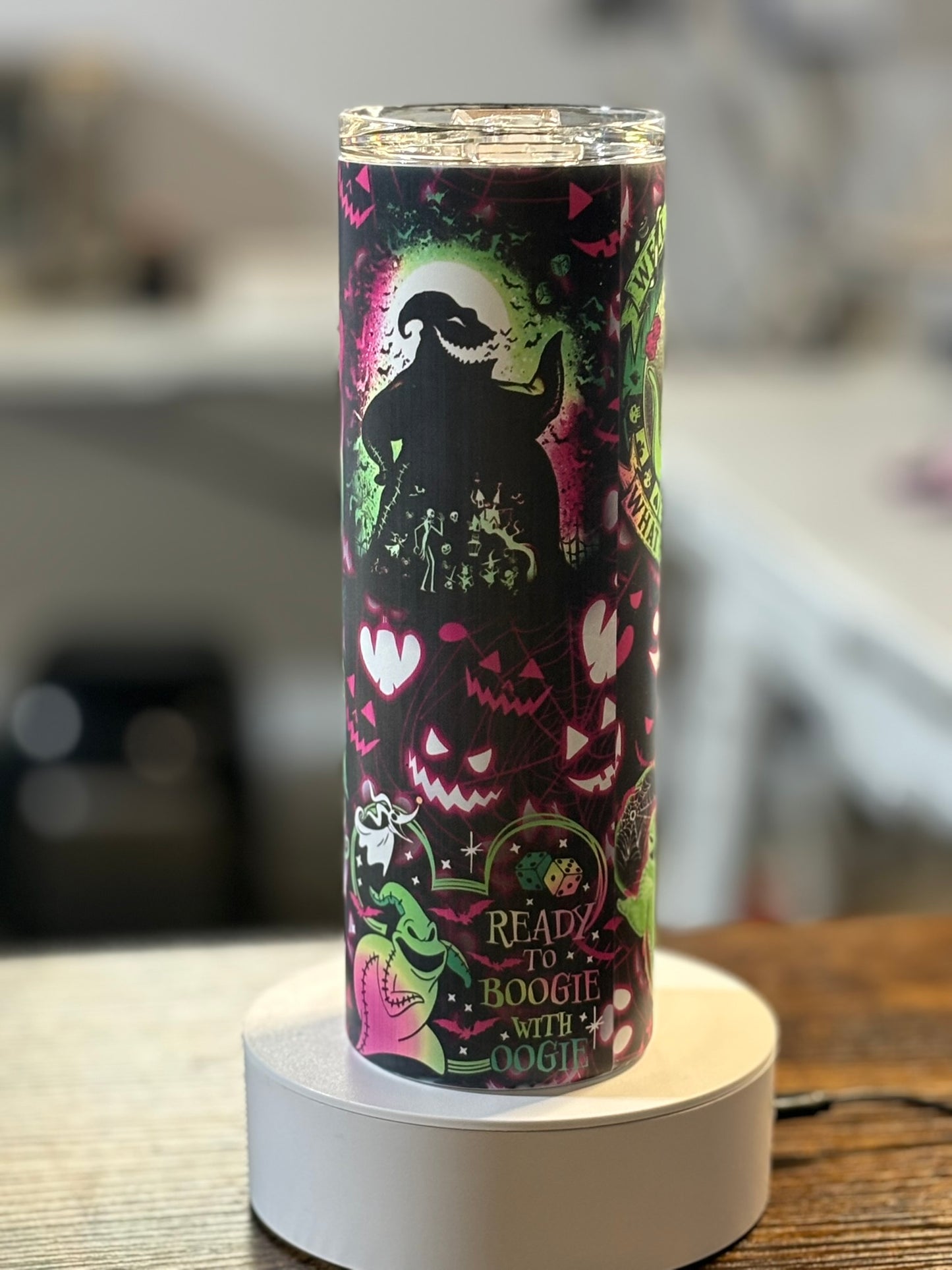 Boogieman Glow in the Dark 20 oz Tumbler  green purple and black