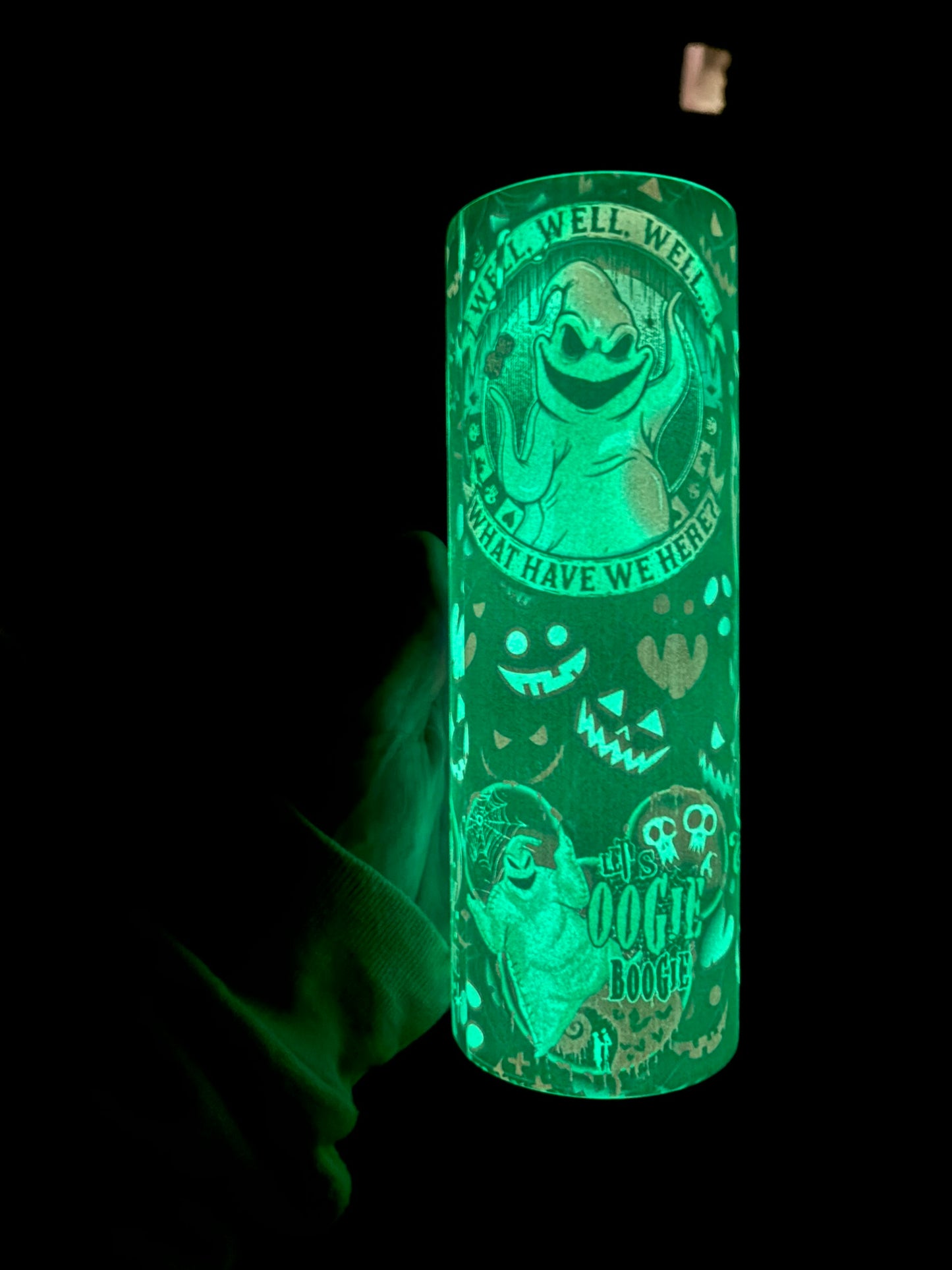 Boogieman Glow in the Dark 20 oz Tumbler  green purple and black