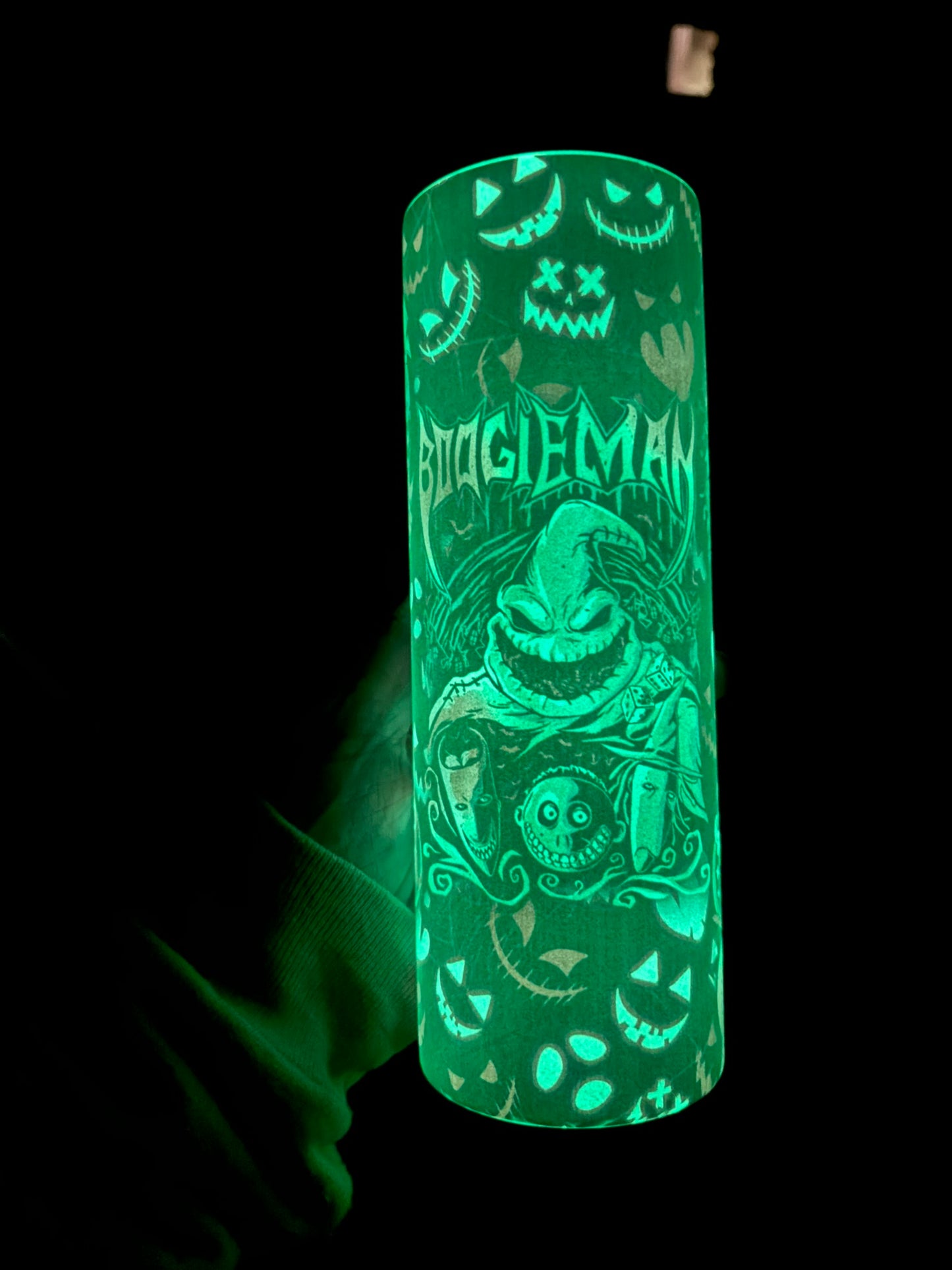 Boogieman Glow in the Dark 20 oz Tumbler  green purple and black