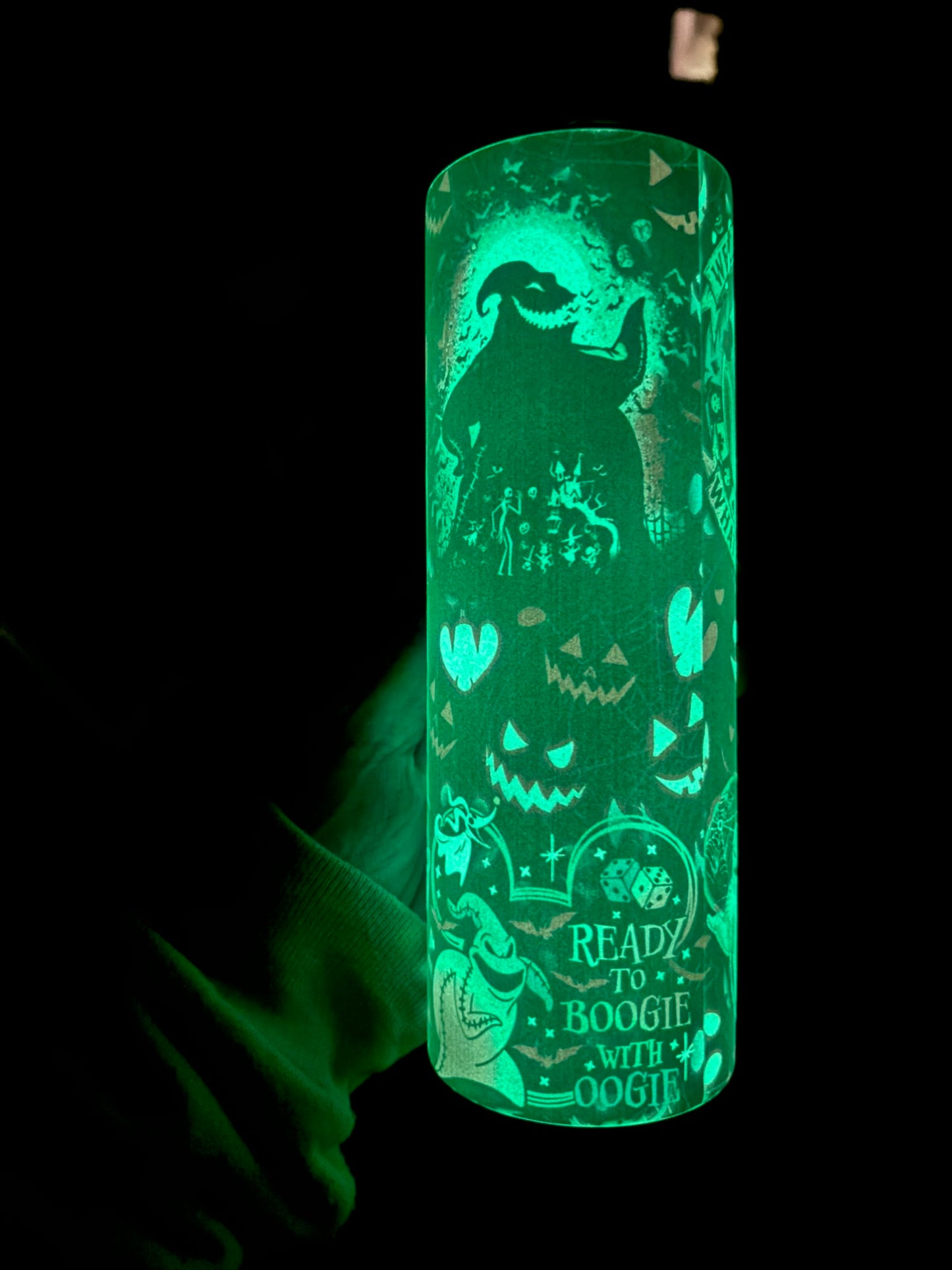 Boogieman Glow in the Dark 20 oz Tumbler  green purple and black