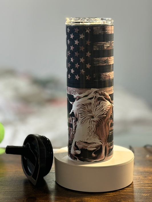Black and white cow American flag 20 oz duo lid tumbler