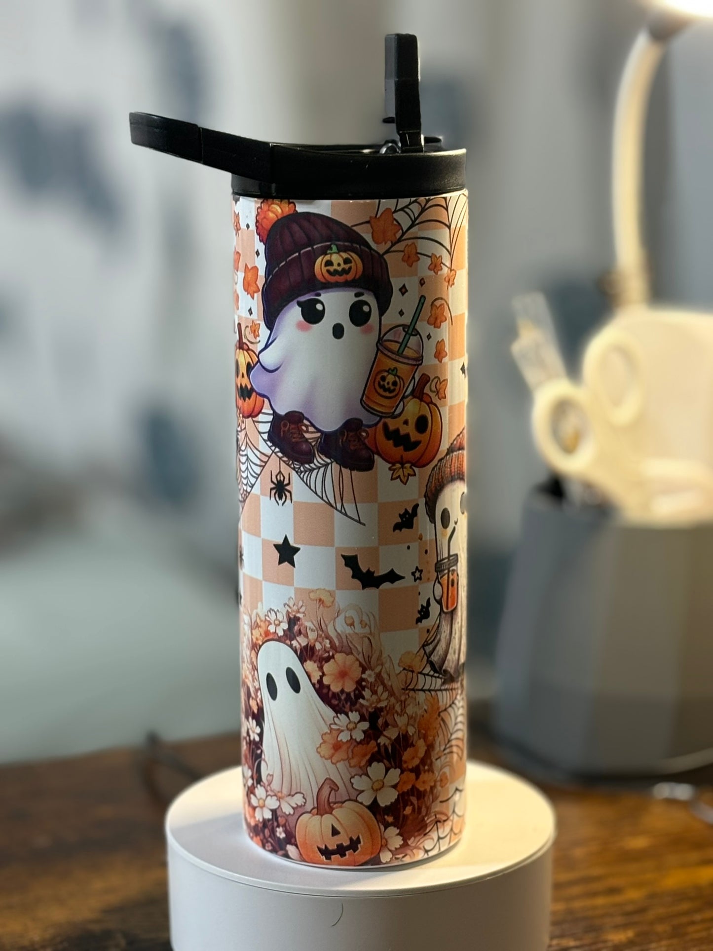 Fall/Halloween Ghost orange checkered 20 oz duo lid tumbler