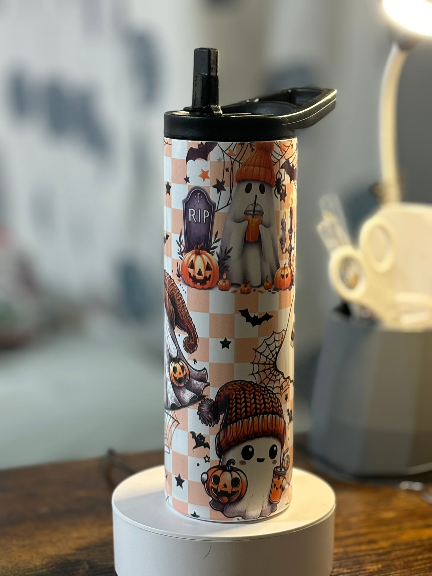 Fall/Halloween Ghost orange checkered 20 oz duo lid tumbler