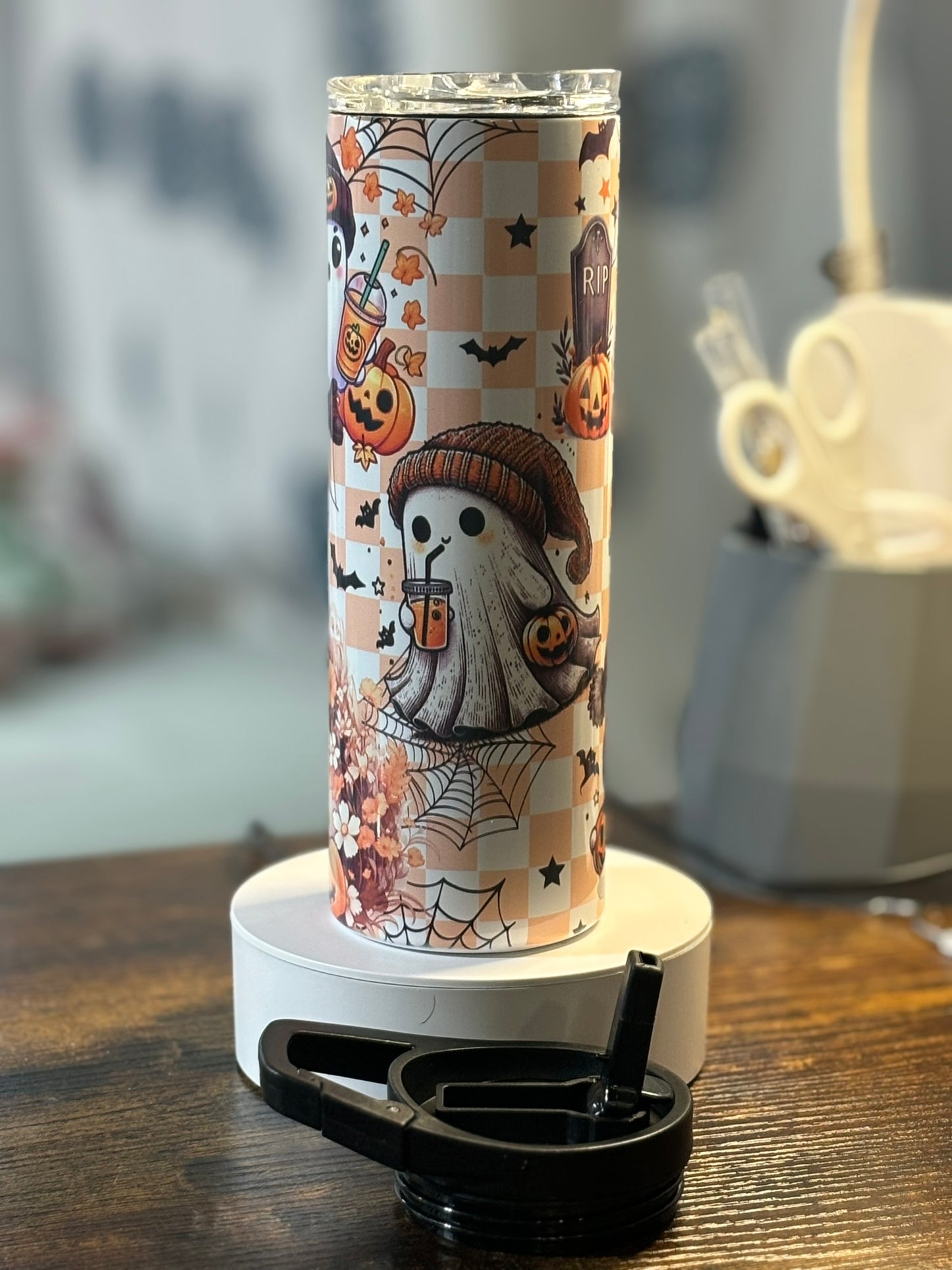Fall/Halloween Ghost orange checkered 20 oz duo lid tumbler