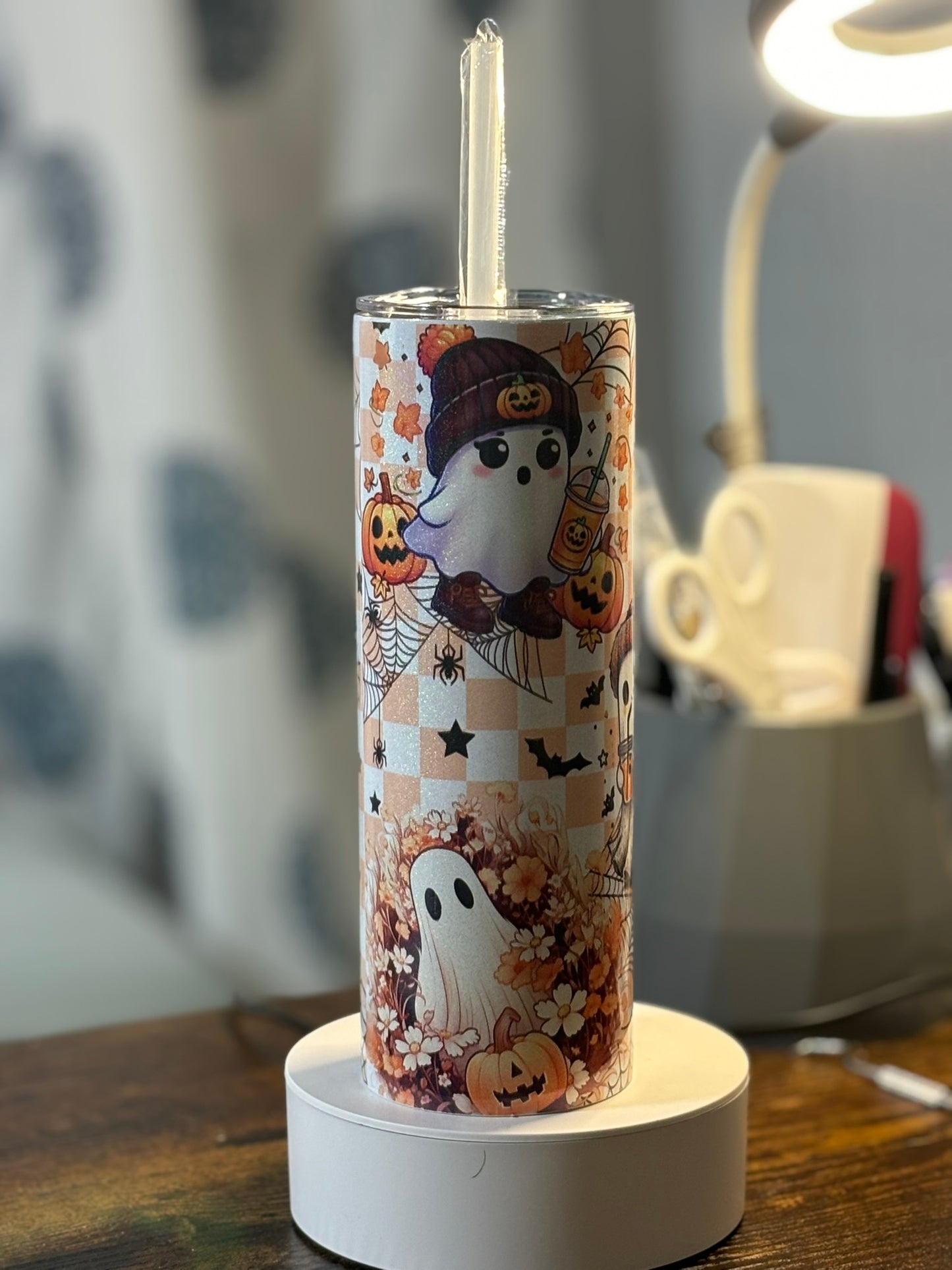 Holographic Orange Checkered Fall Halloween Ghosts 20 oz Tumbler
