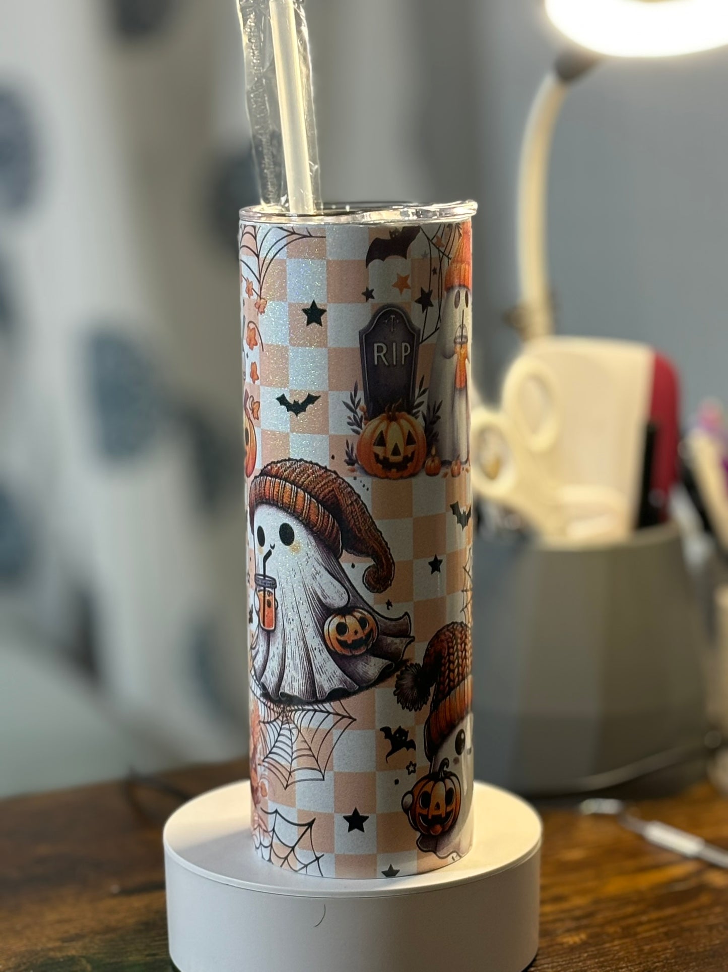 Holographic Orange Checkered Fall Halloween Ghosts 20 oz Tumbler