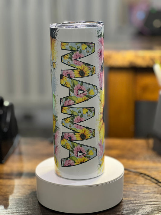 Mama sunflower and blue 20 oz tumbler