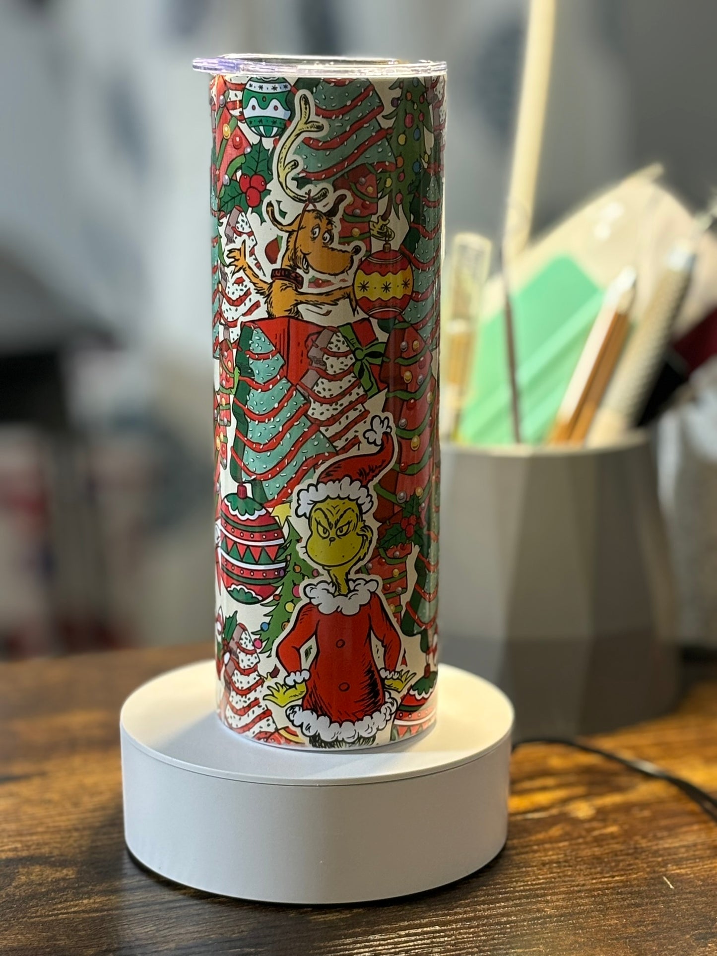 Green Christmas monster and tree cake 20 oz tumbler