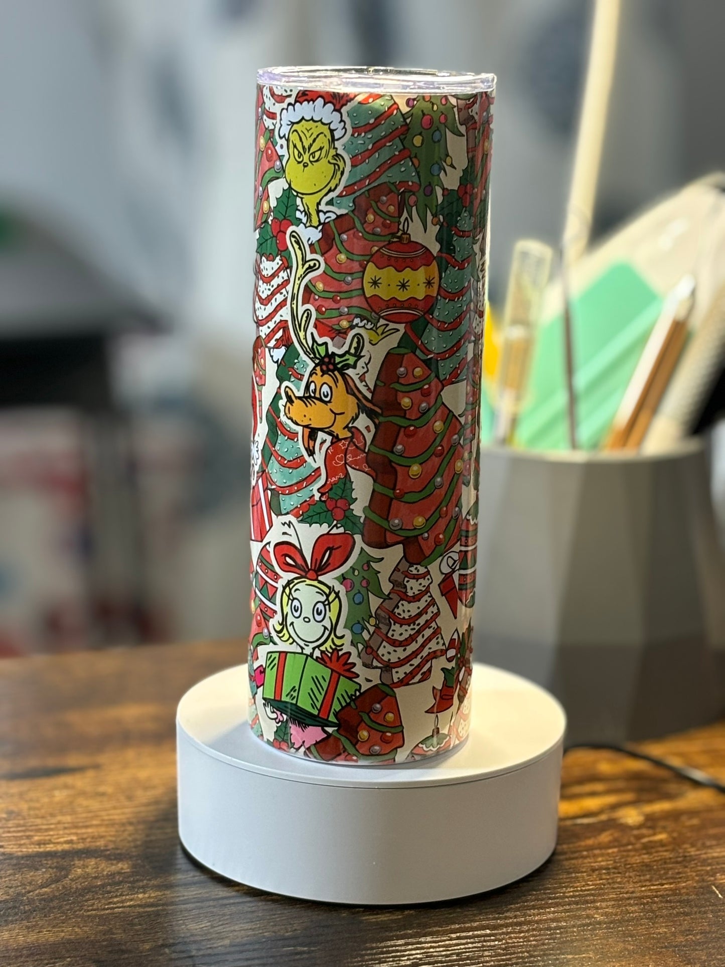 Green Christmas monster and tree cake 20 oz tumbler