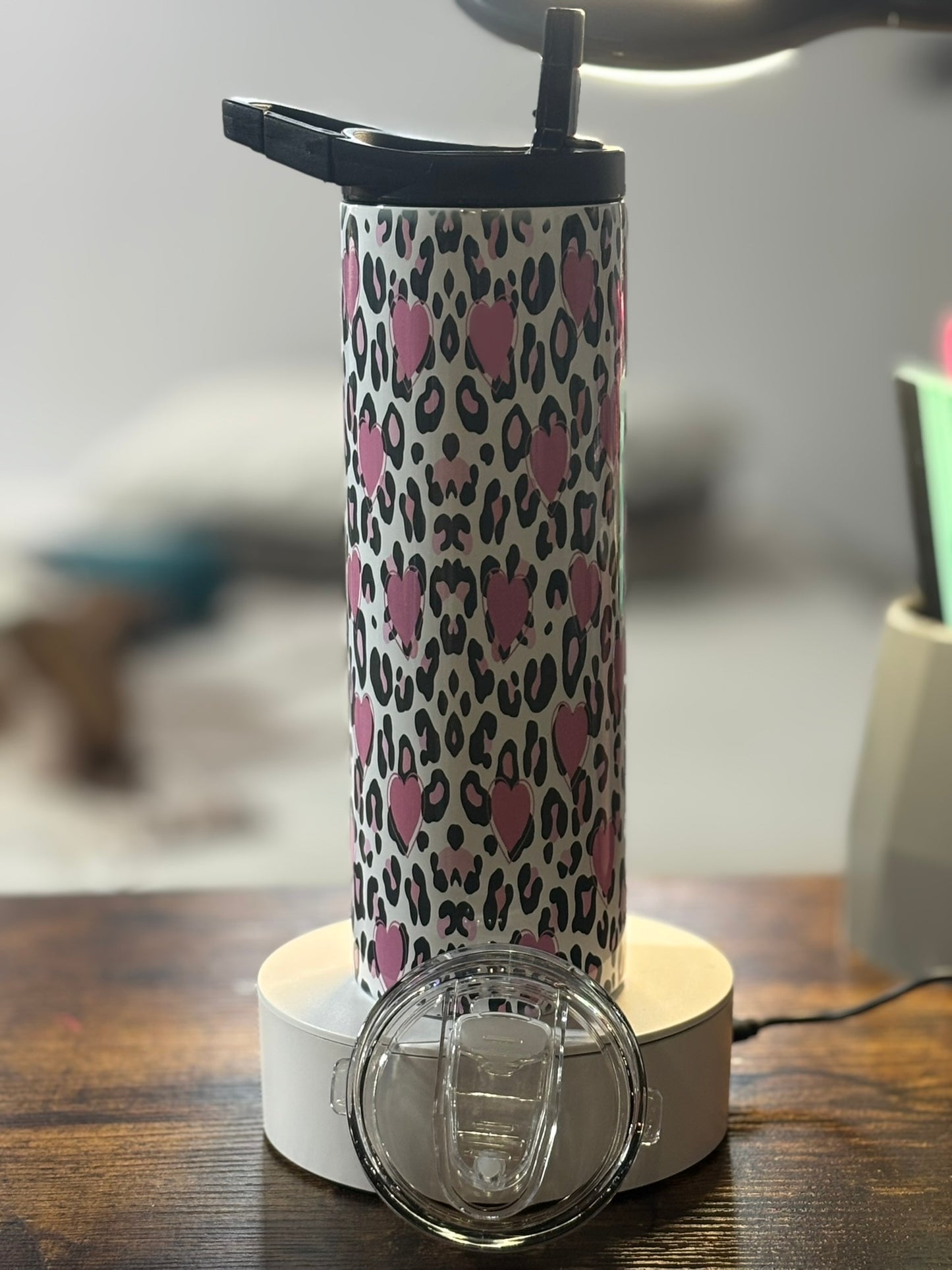 Pink Cheetah Print and Hearts 20 oz duo lid tumbler