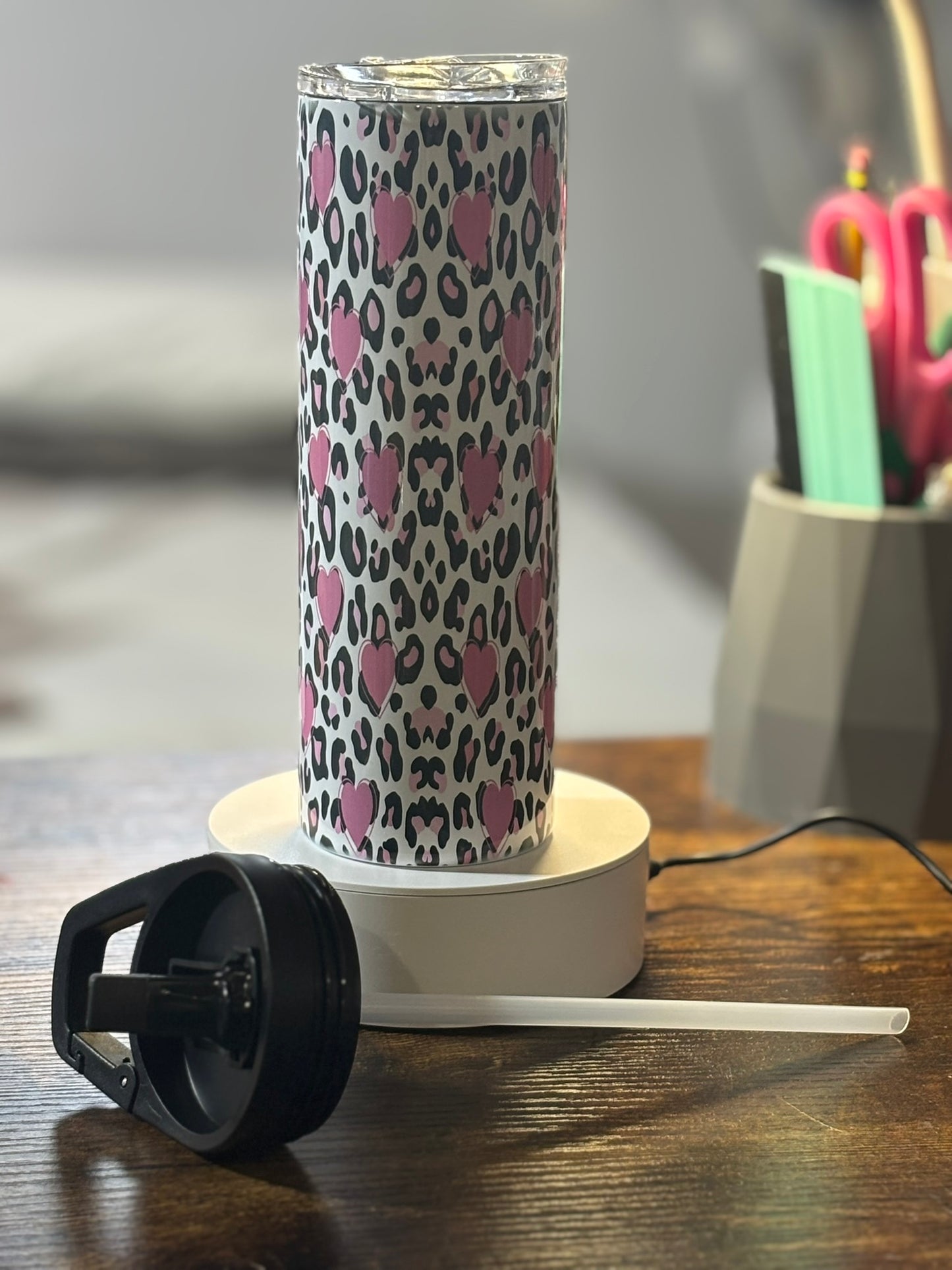 Pink Cheetah Print and Hearts 20 oz duo lid tumbler