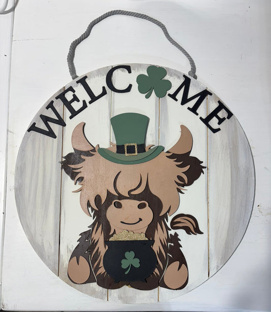 Highland Cow St Patrick's Day Door Hanger