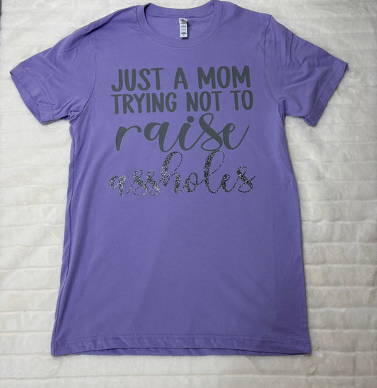 Just a mom trying not to raise assholes t-shirt