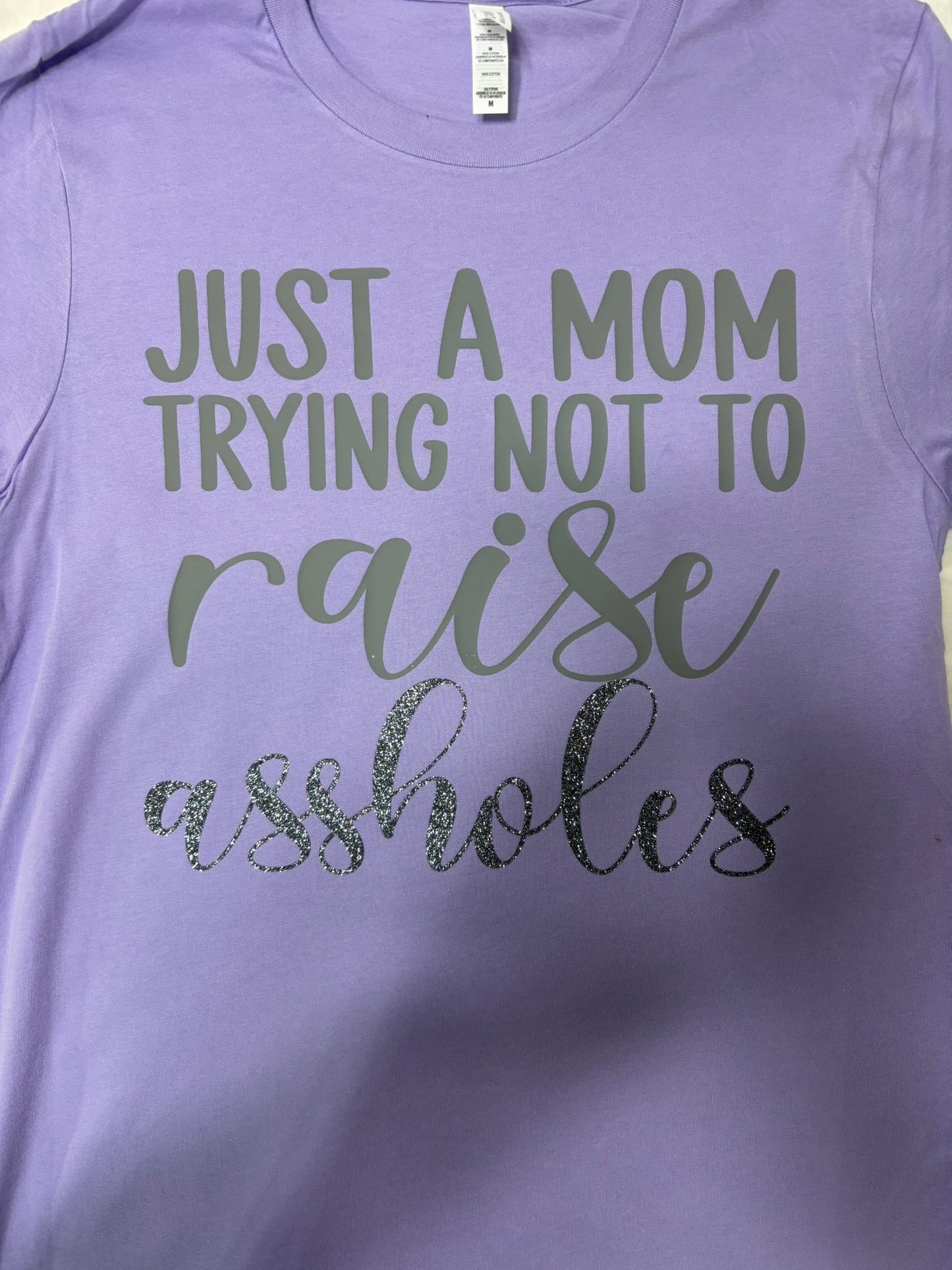 Just a mom trying not to raise assholes t-shirt