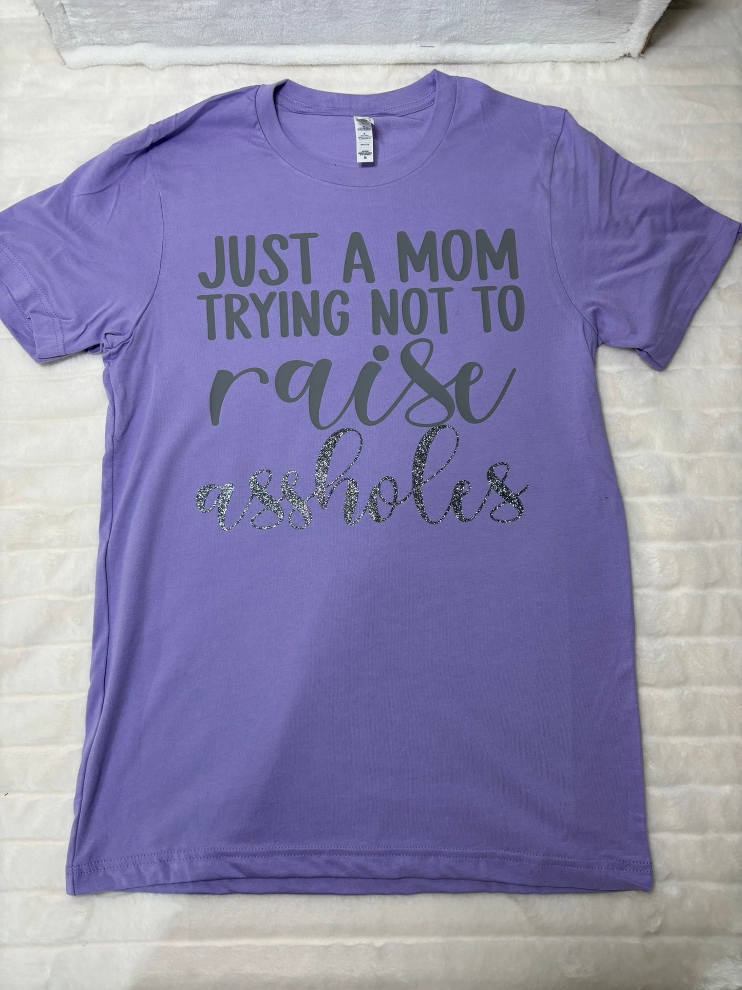Just a mom trying not to raise assholes t-shirt