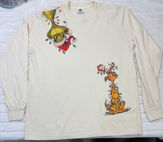 Green Christmas Monster and Dog  Christmas Lights Long Sleeve Shirt