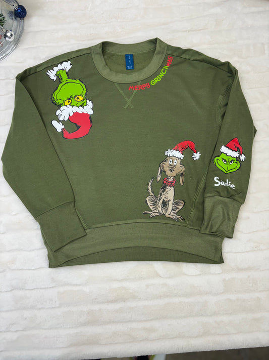 Green Christmas Monster and Dog Christmas Hats Crewneck- YOUTH