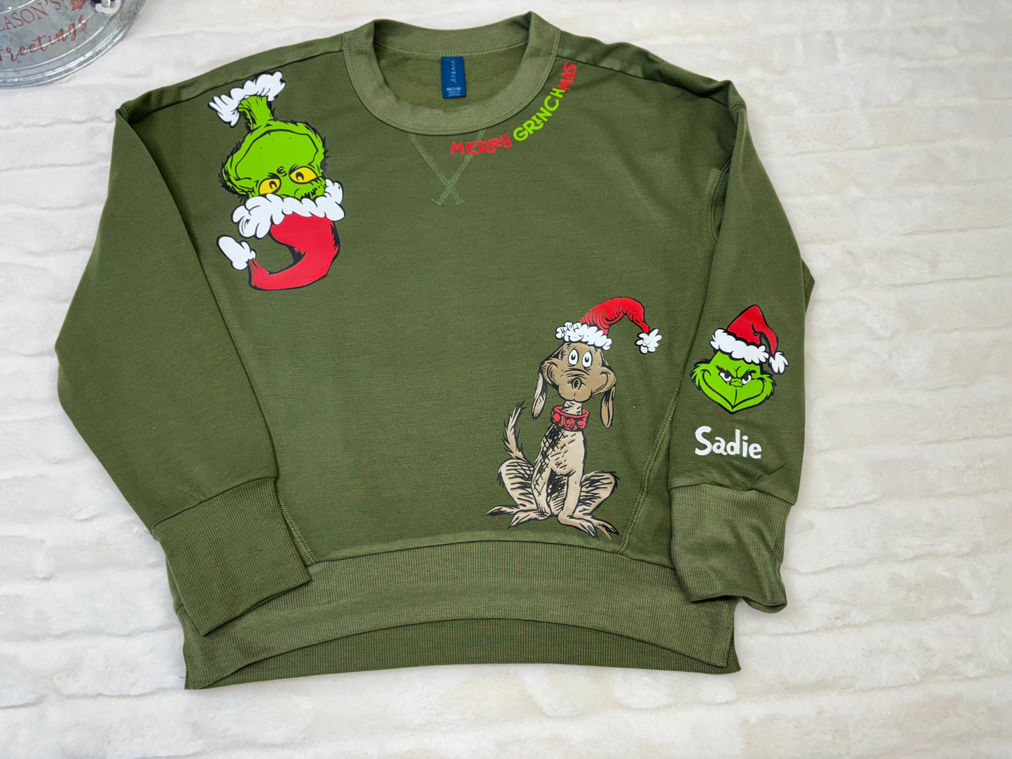 Green Christmas Monster and Dog Christmas Hats Crewneck- YOUTH