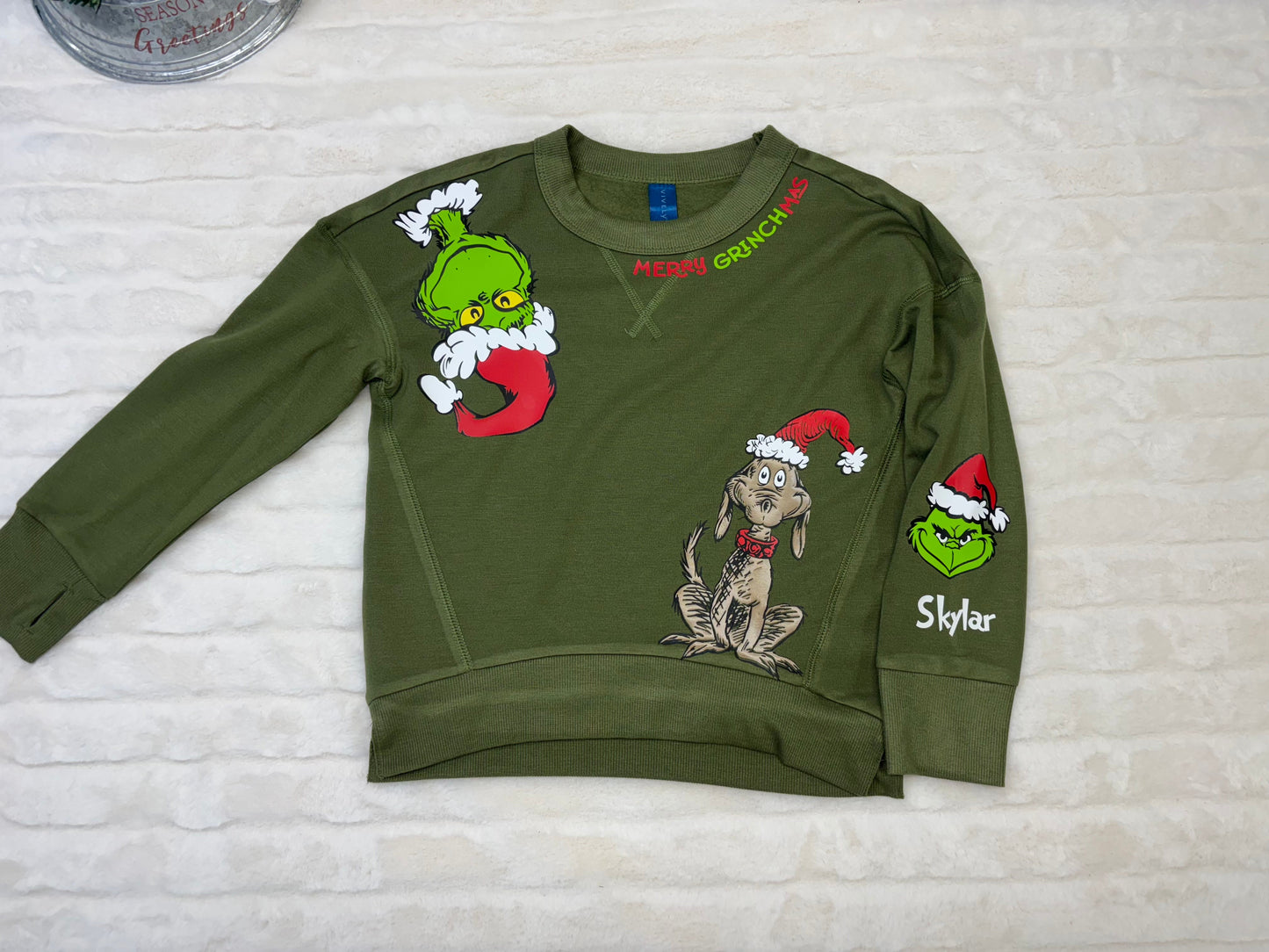 Green Christmas Monster and Dog Christmas Hats Crewneck- YOUTH