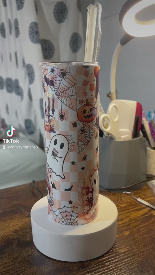 Holographic Orange Checkered Fall Halloween Ghosts 20 oz Tumbler