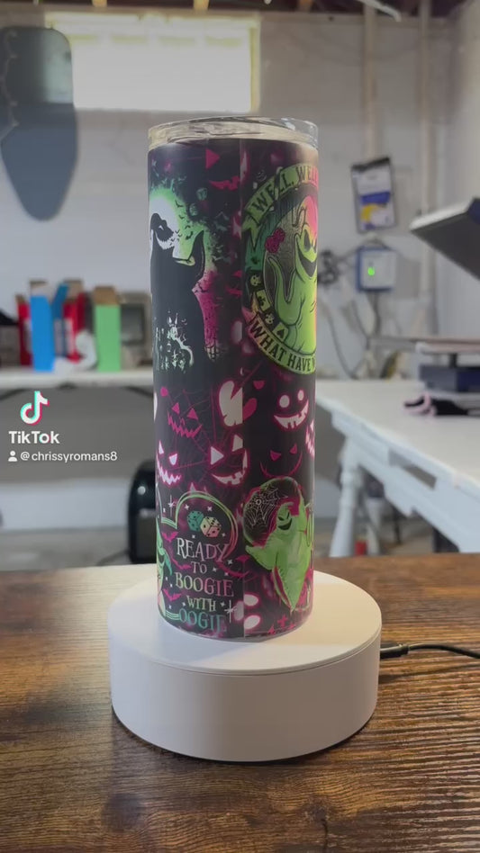 Boogieman Glow in the Dark 20 oz Tumbler  green purple and black